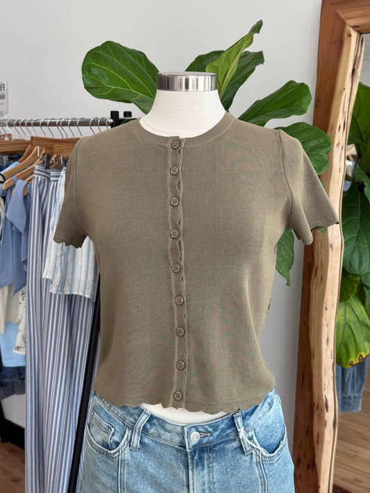Olive Short Sleeve Button Down Top