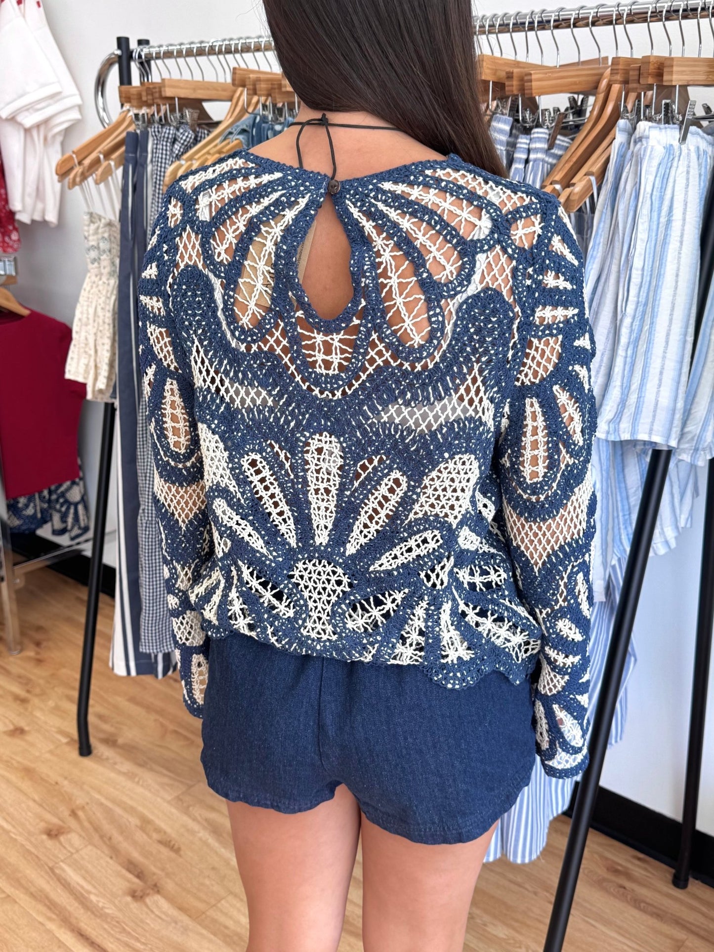 Blue Crochet Floral Top Shirts & Tops