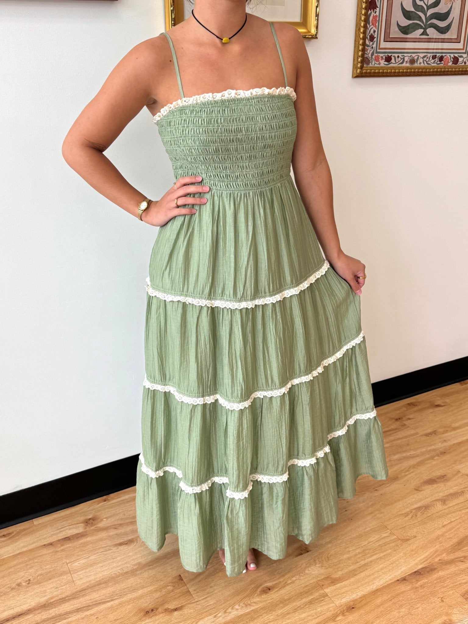 sage green tiered dress Trim Maxi Size:One Size Plus andrea and leo neckline with cascading ruffle Emerald Elegance Gothic Dress