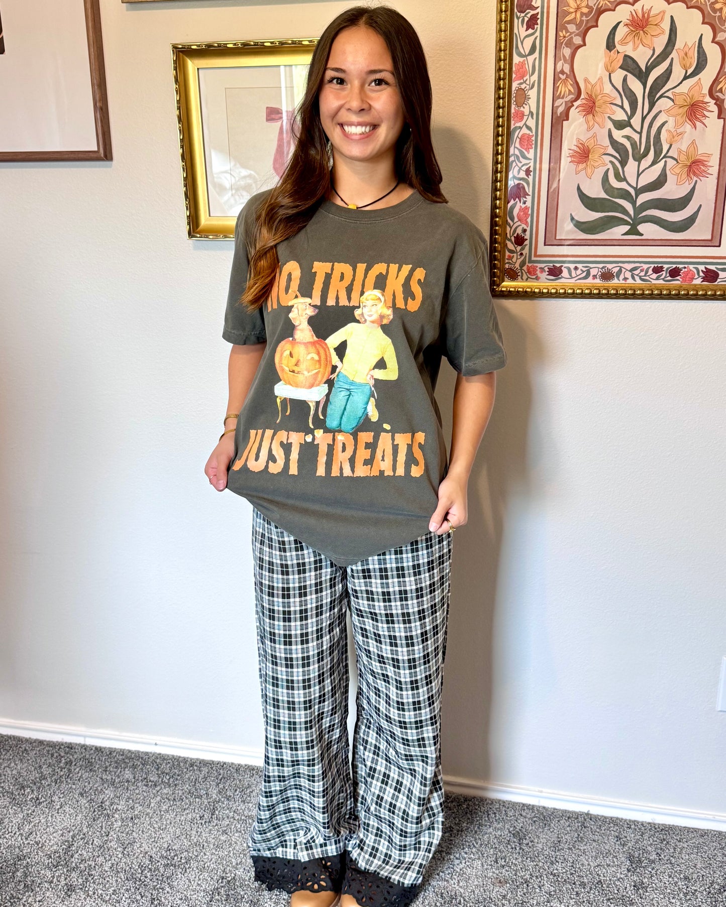 Eyelet Trim Plaid Pants