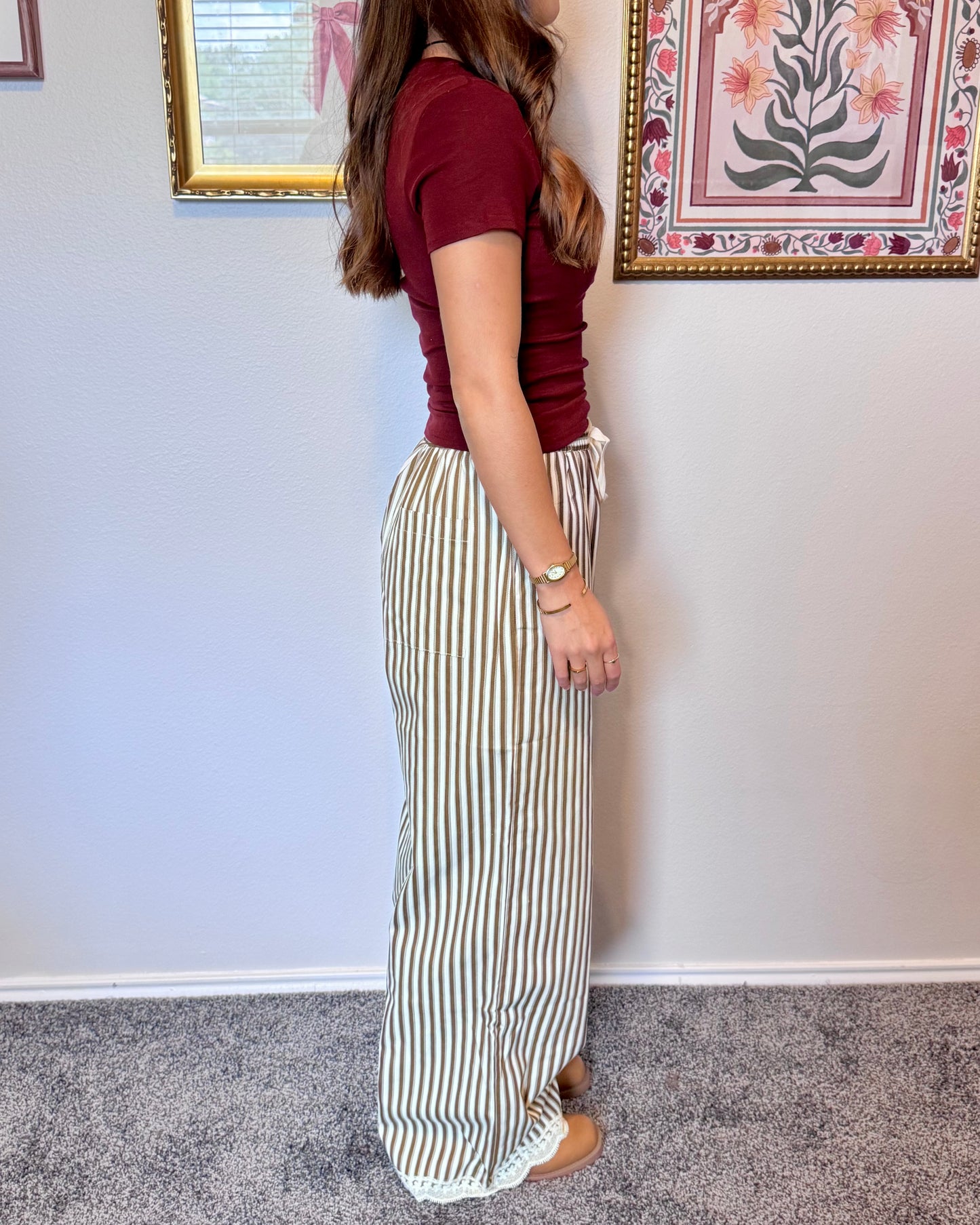 Lace Trim Striped Pants