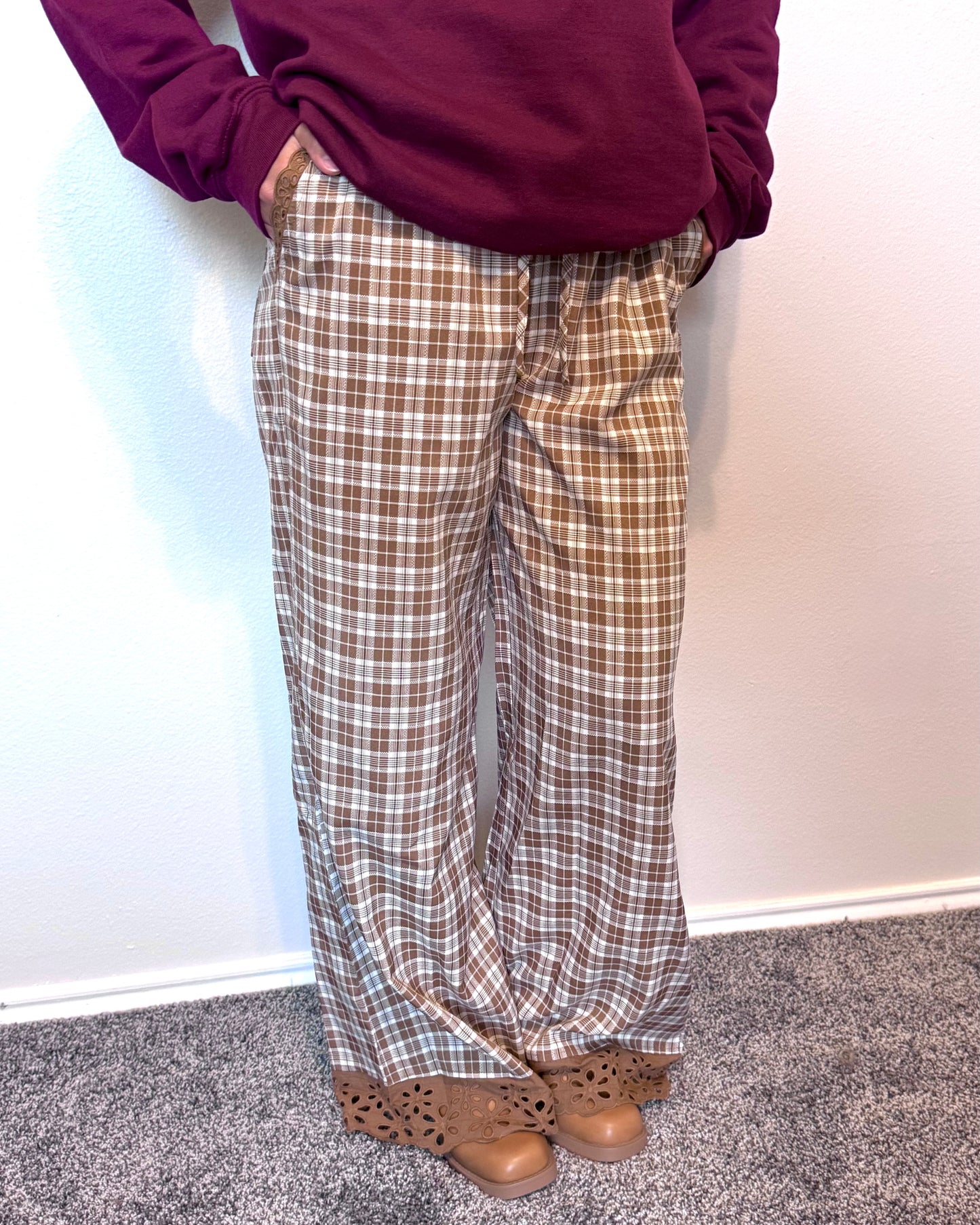 Eyelet Trim Plaid Pants