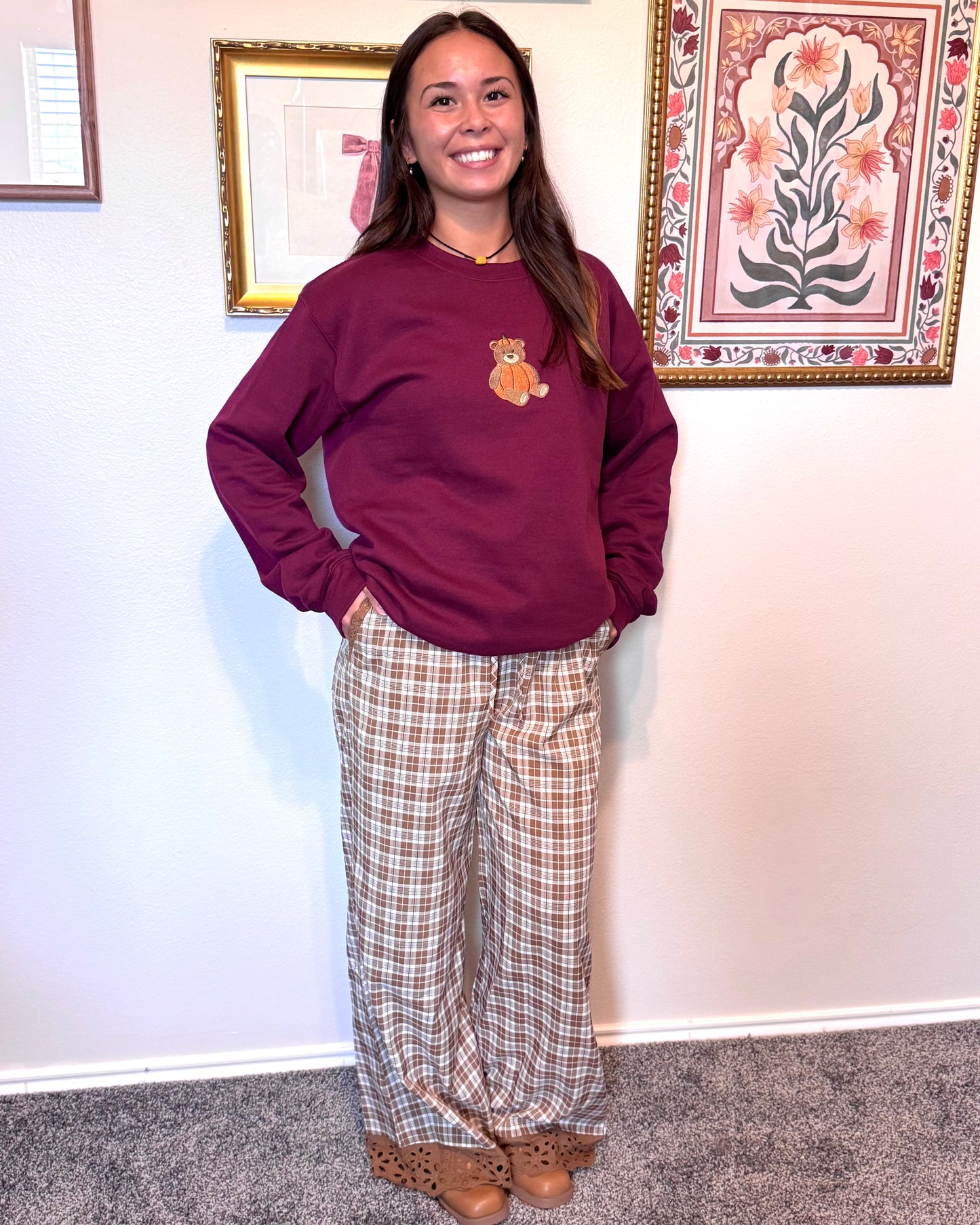 Eyelet Trim Plaid Pants