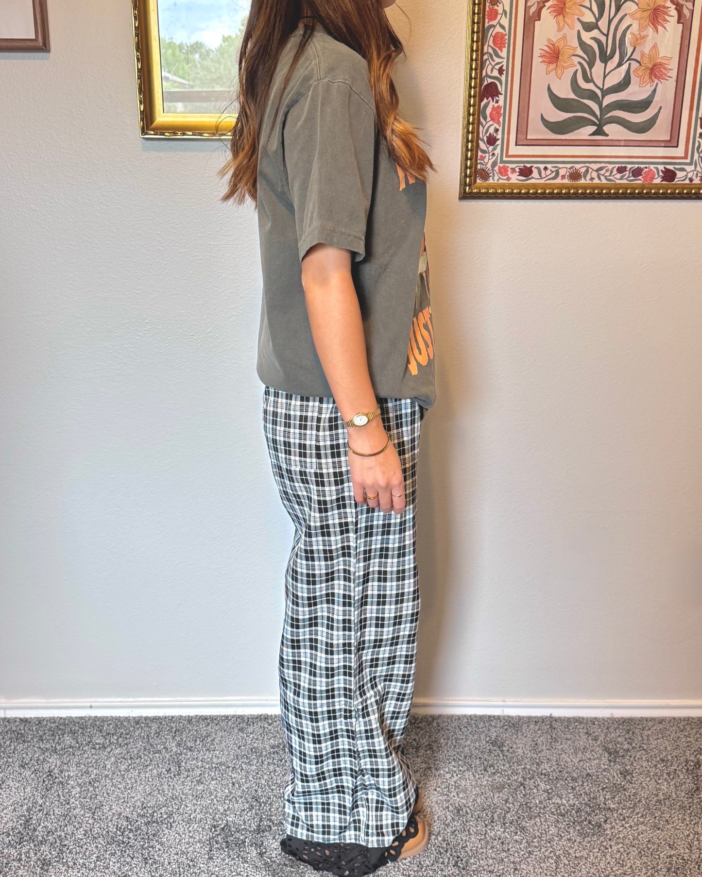 Eyelet Trim Plaid Pants