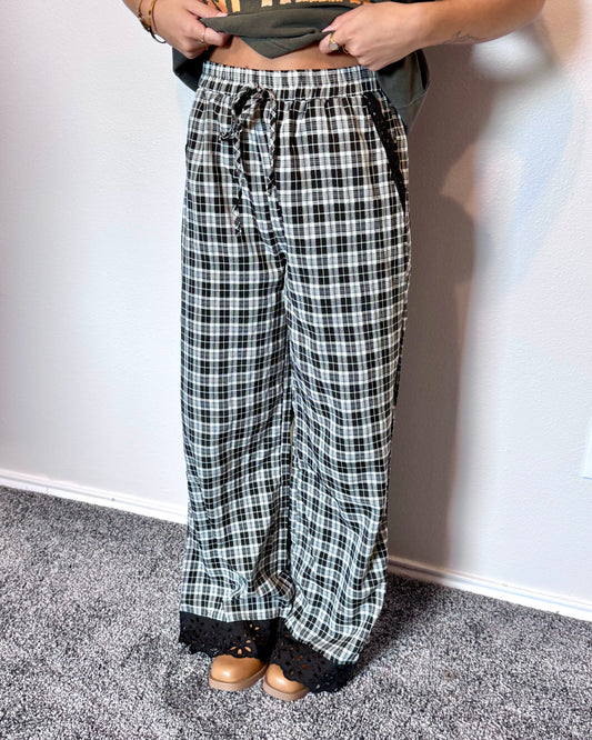Eyelet Trim Plaid Pants