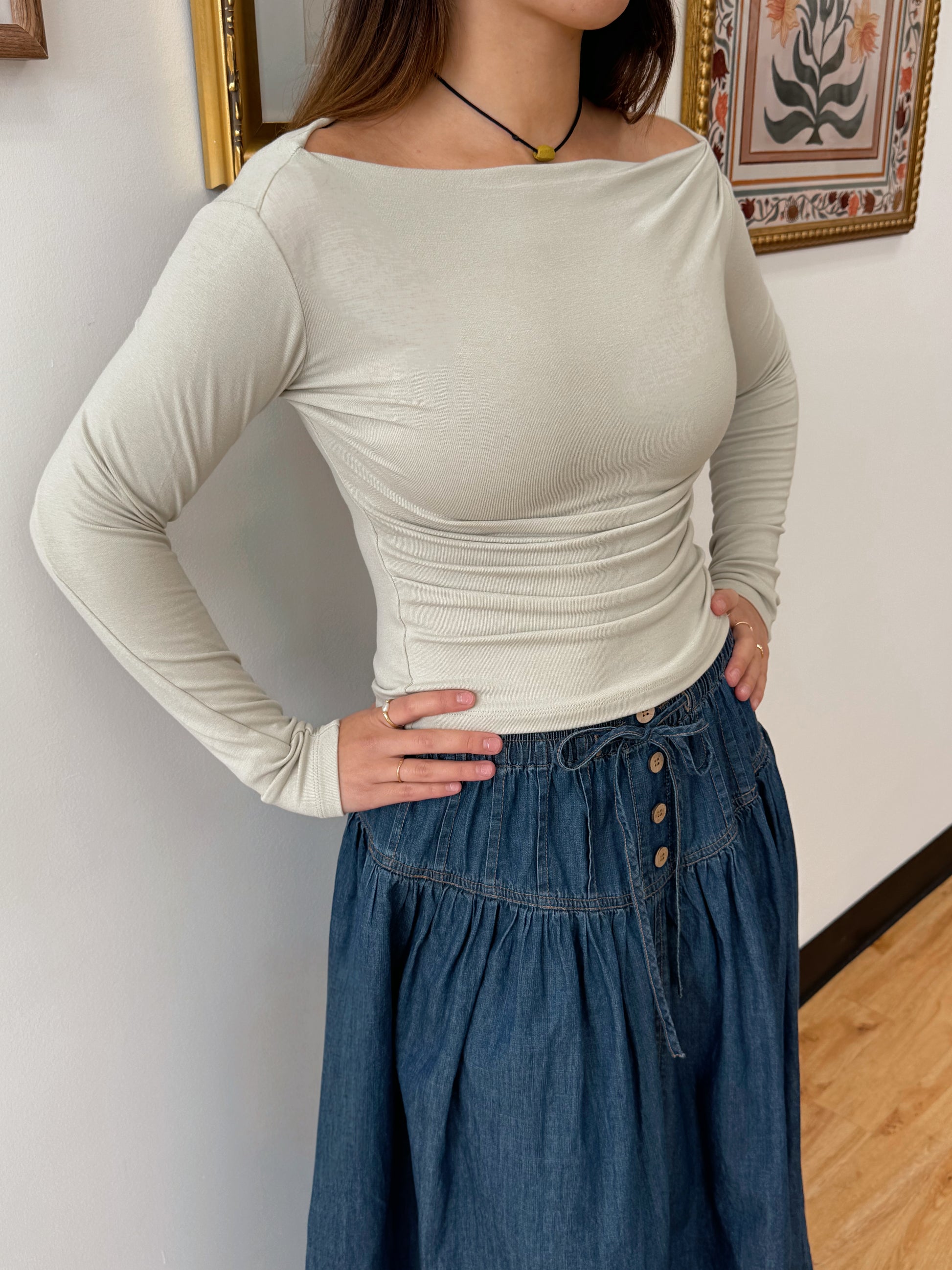 Boat Neck Long Sleeve Top Green Shirts & Tops