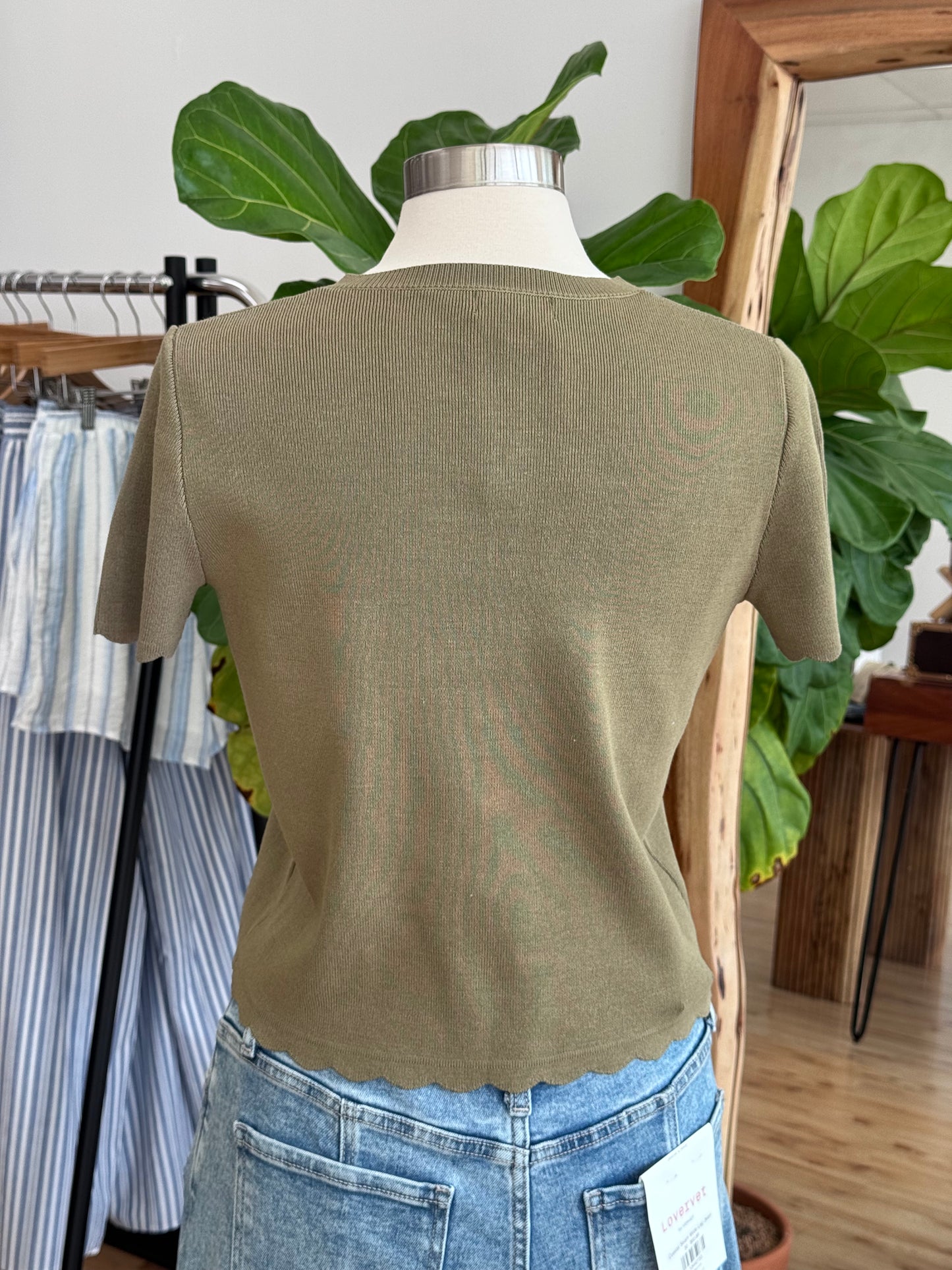 Olive Short Sleeve Button Down Top
