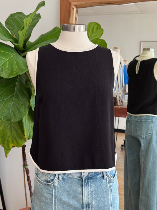 Black Linen Trim Top