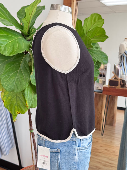 Black Linen Trim Top
