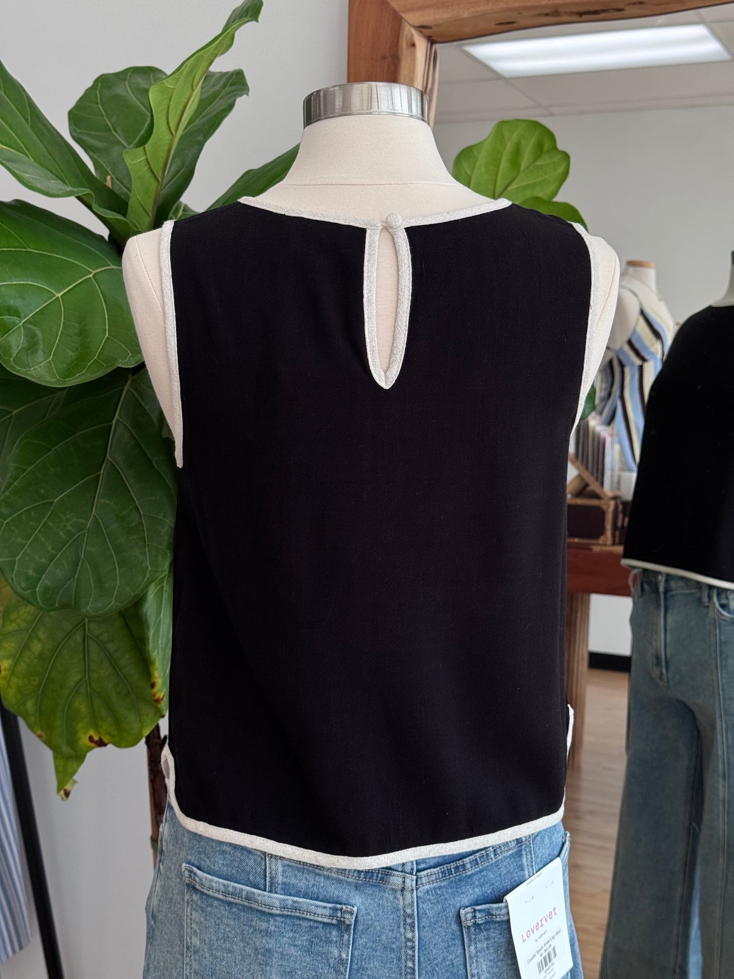 Black Linen Trim Top