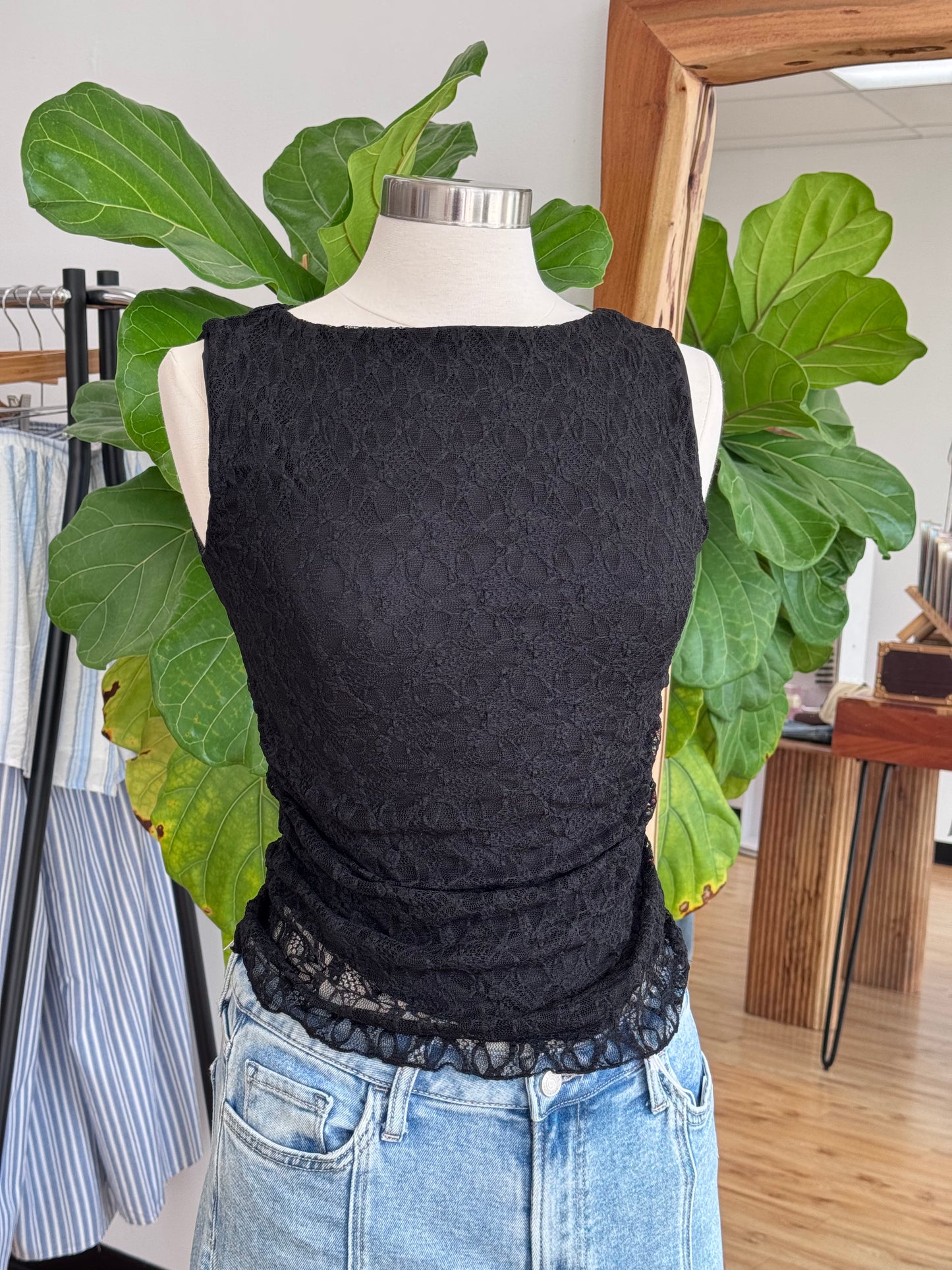 Boat Neck Black Lace Top