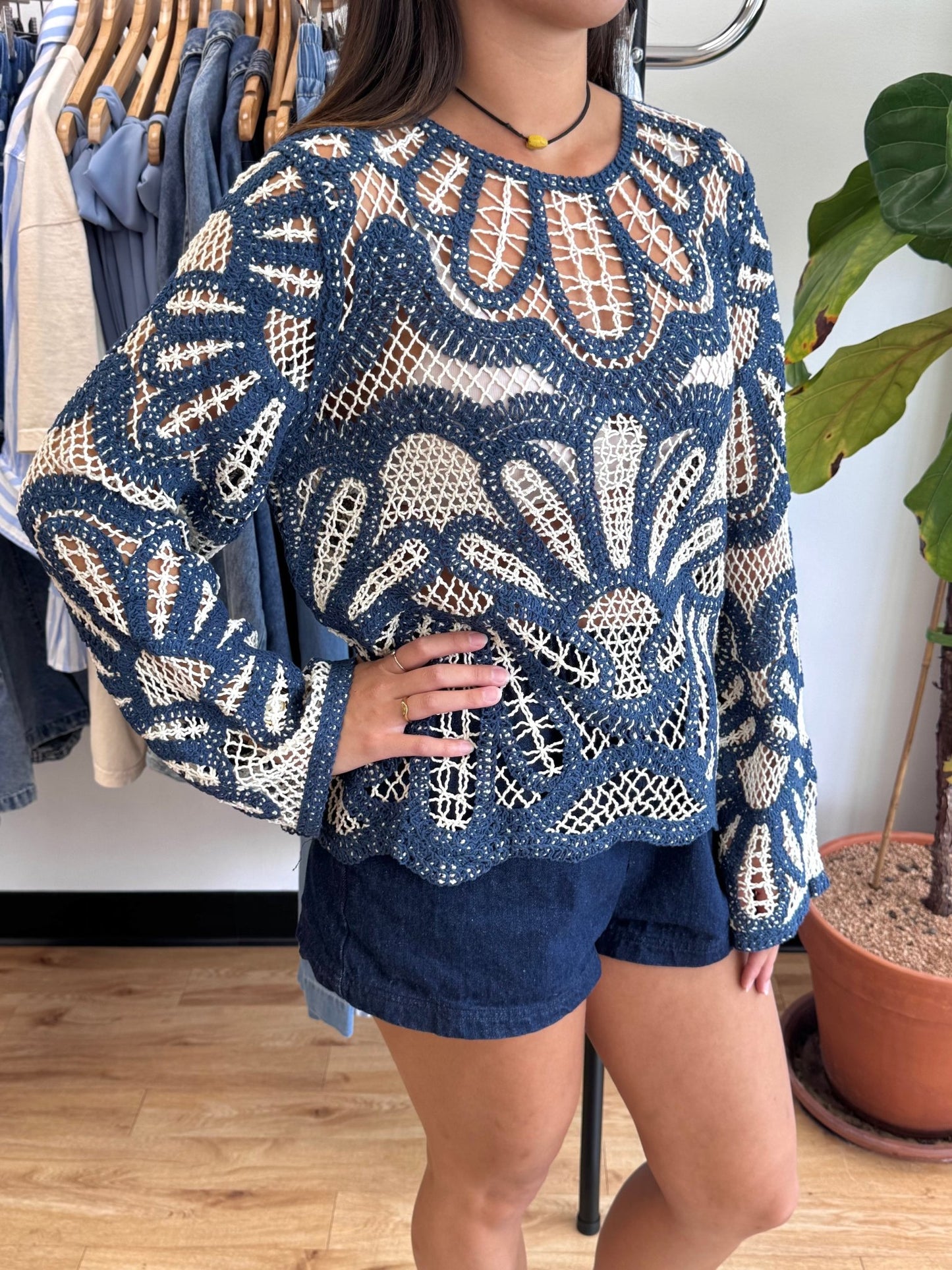 Blue Crochet Floral Top Shirts & Tops