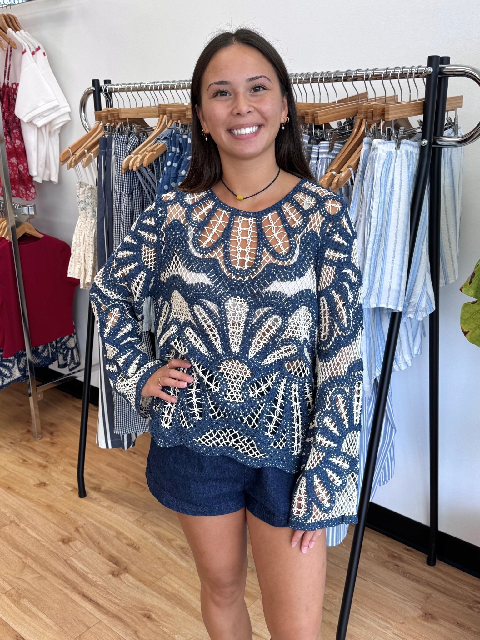 Blue Crochet Floral Top Shirts & Tops