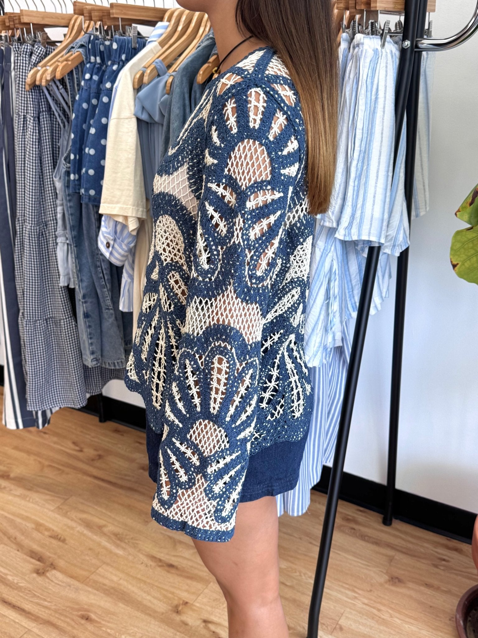 Blue Crochet Floral Top Shirts & Tops