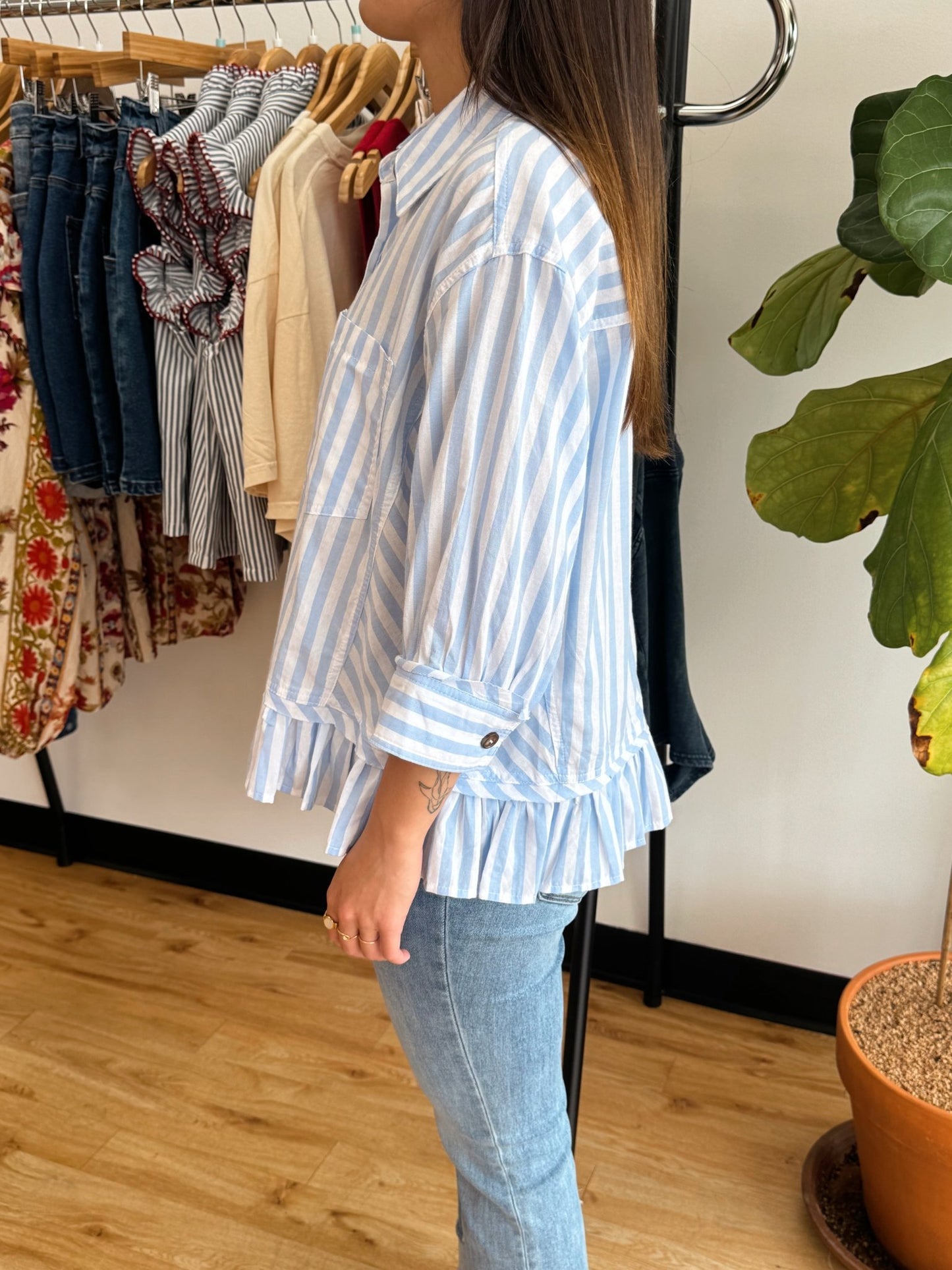 Blue Striped Ruffle Top Shirts & Tops