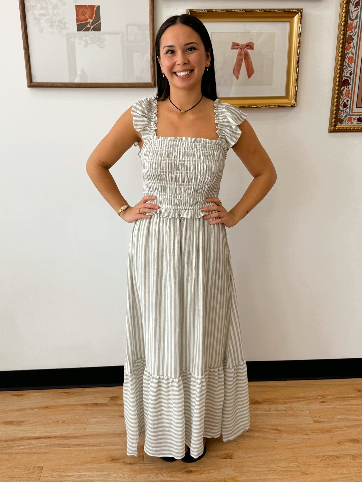 Breezy Olive Striped Dress Dress