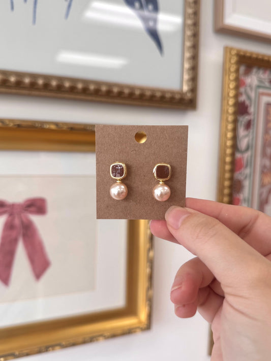 Caramel Square Pearl Stud Earrings Earrings
