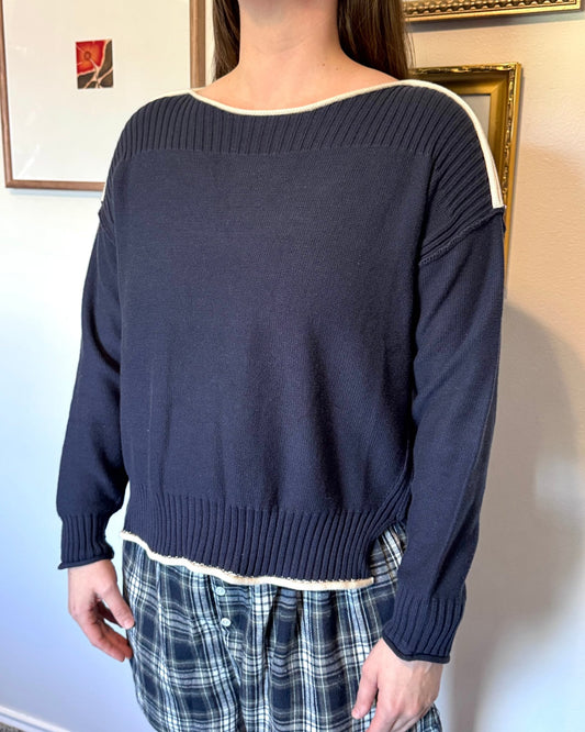 Contrast Trim Navy Sweater Shirts & Tops