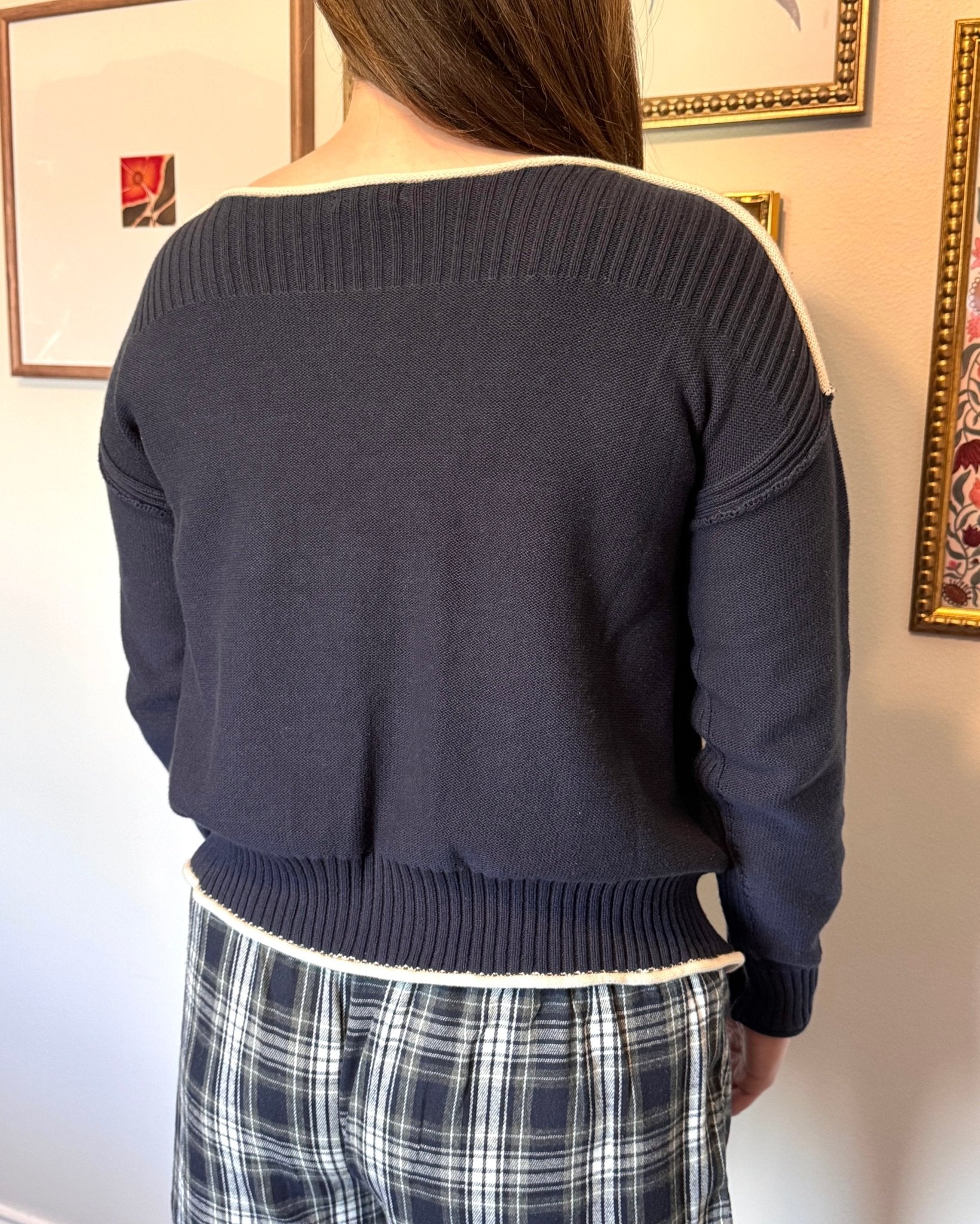 Contrast Trim Navy Sweater Shirts & Tops