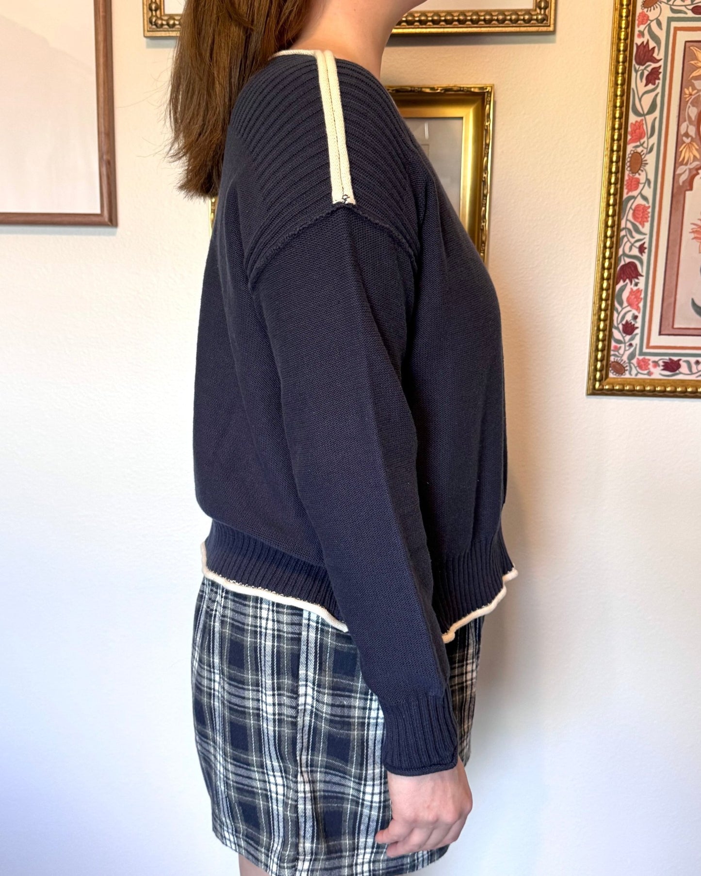 Contrast Trim Navy Sweater Shirts & Tops
