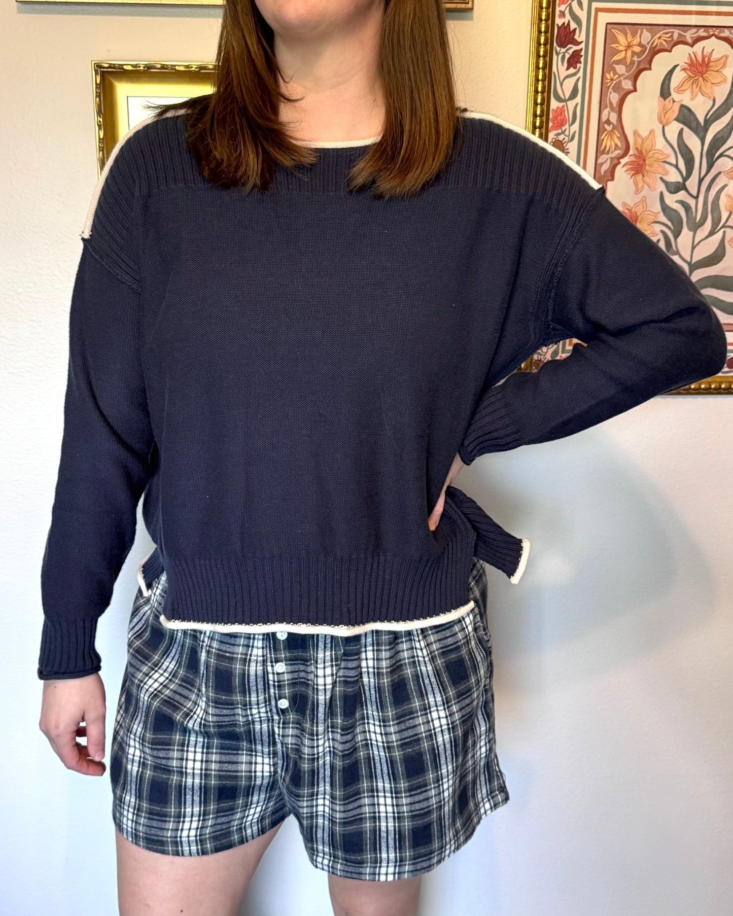 Contrast Trim Navy Sweater Shirts & Tops
