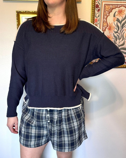 Contrast Trim Navy Sweater Shirts & Tops