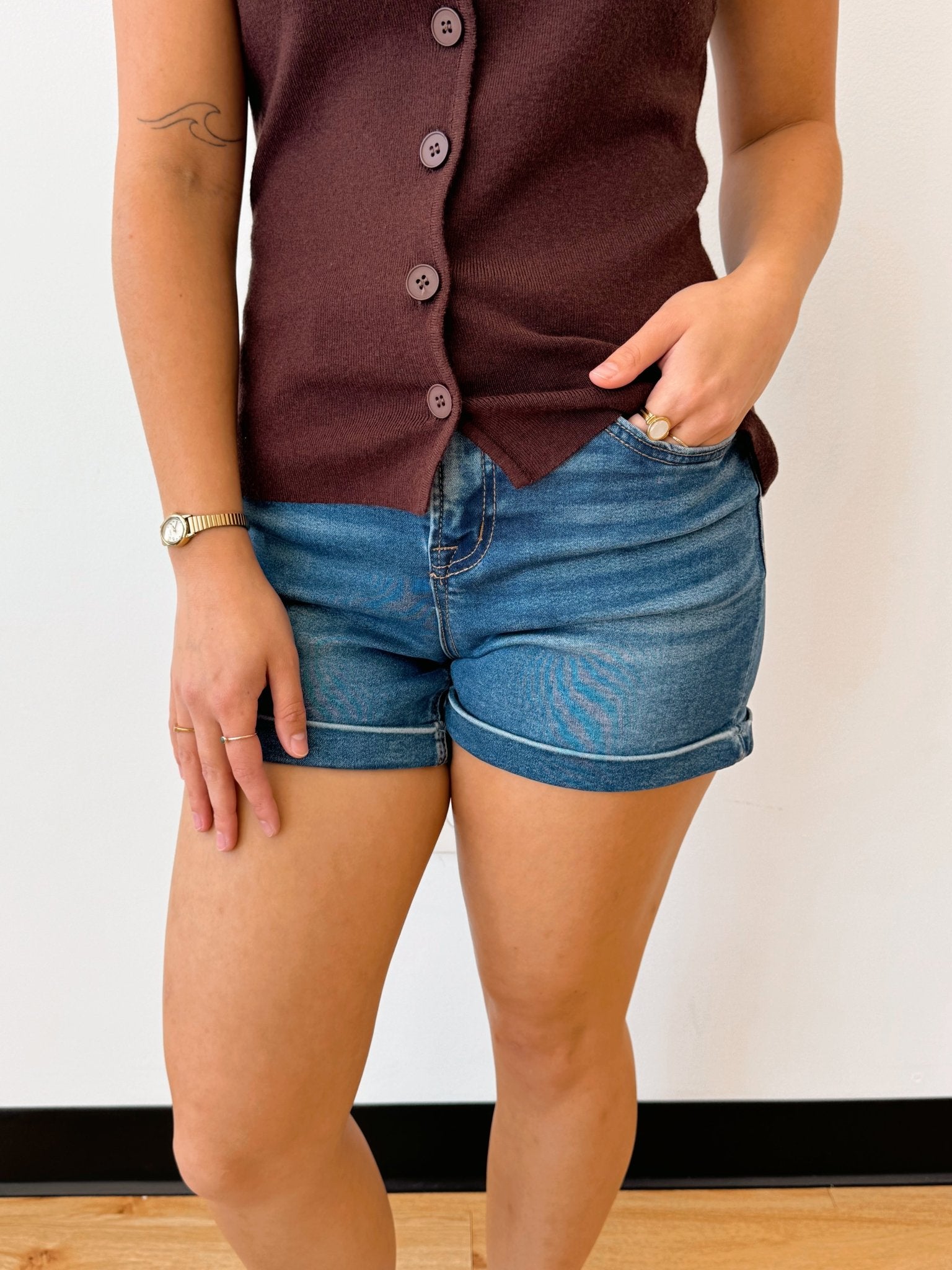 Cuffed High Rise Denim Shorts Shorts