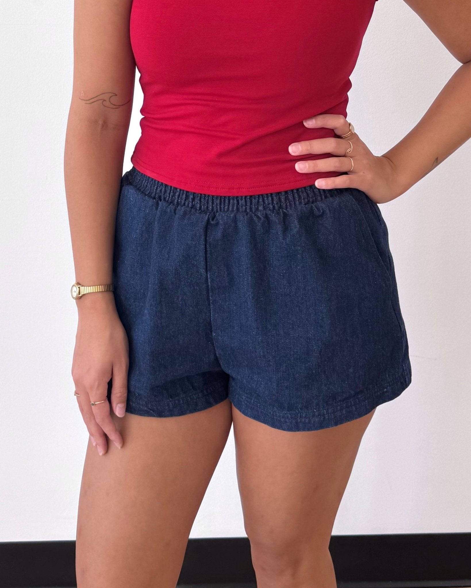 Dark Denim Elastic Shorts Shirts & Tops