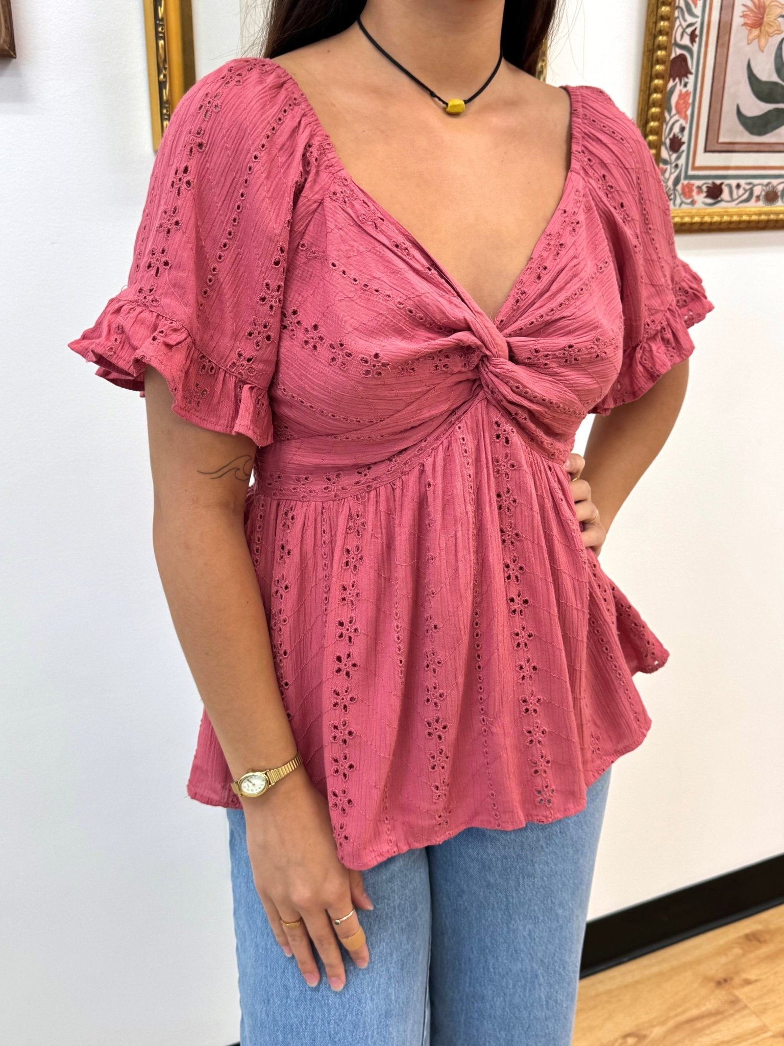 Eyelet Embroidered Twist Top Shirts & Tops