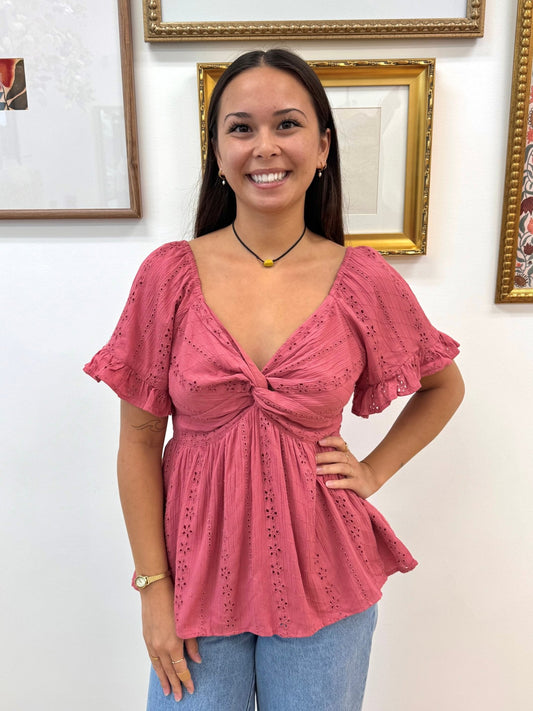 Eyelet Embroidered Twist Top Shirts & Tops