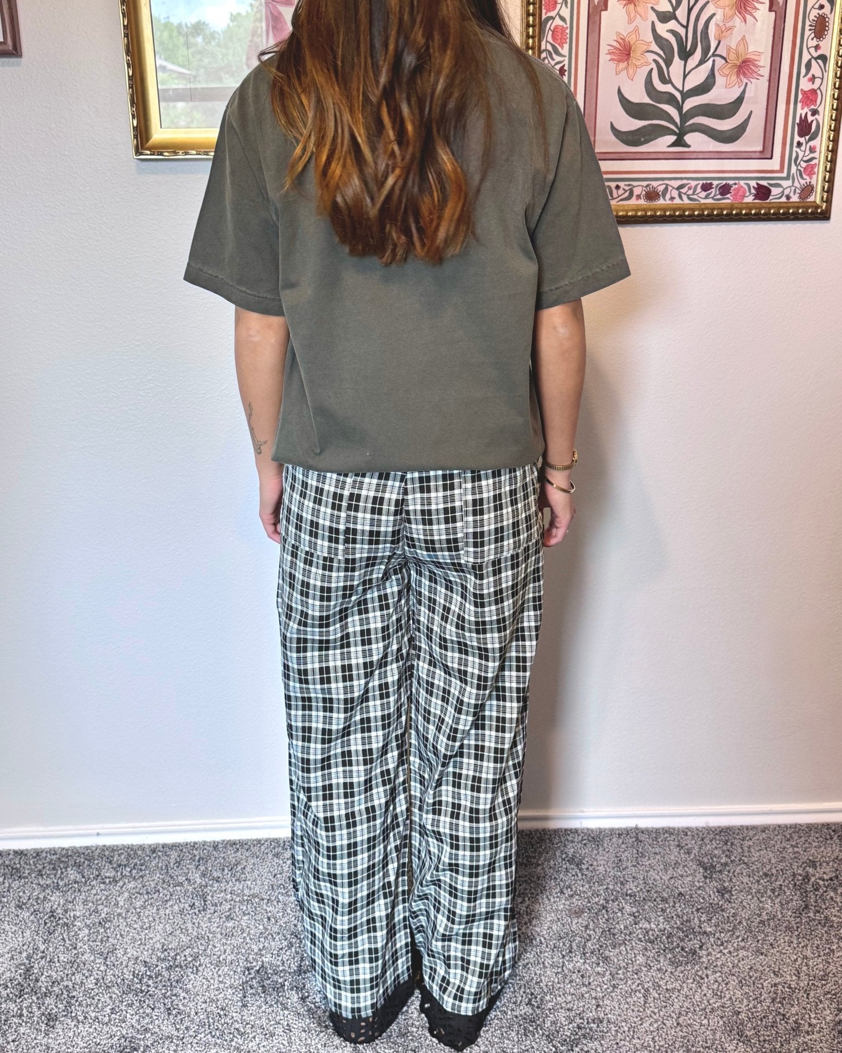 Eyelet Trim Plaid Pants Pants
