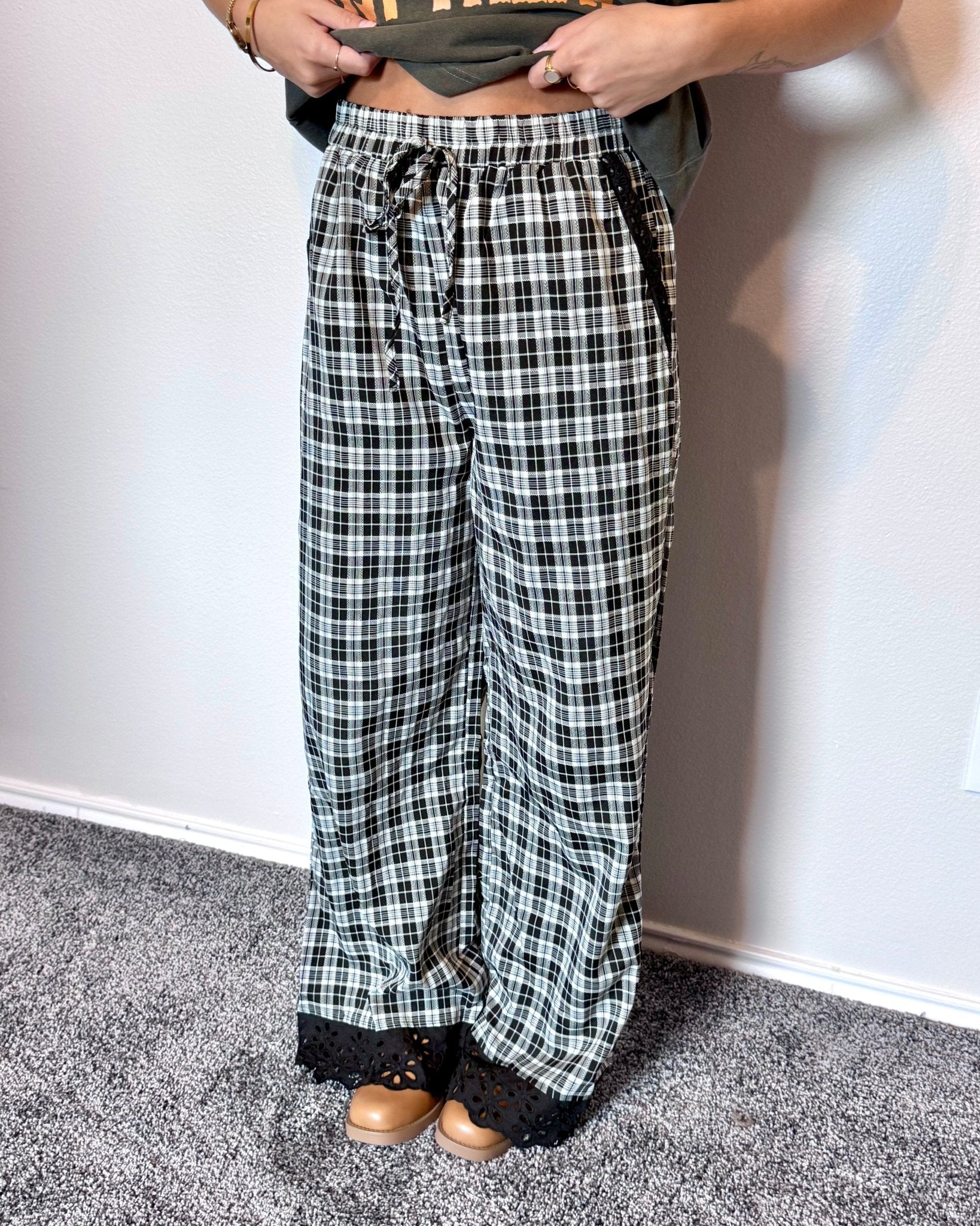 Eyelet Trim Plaid Pants Black Pants