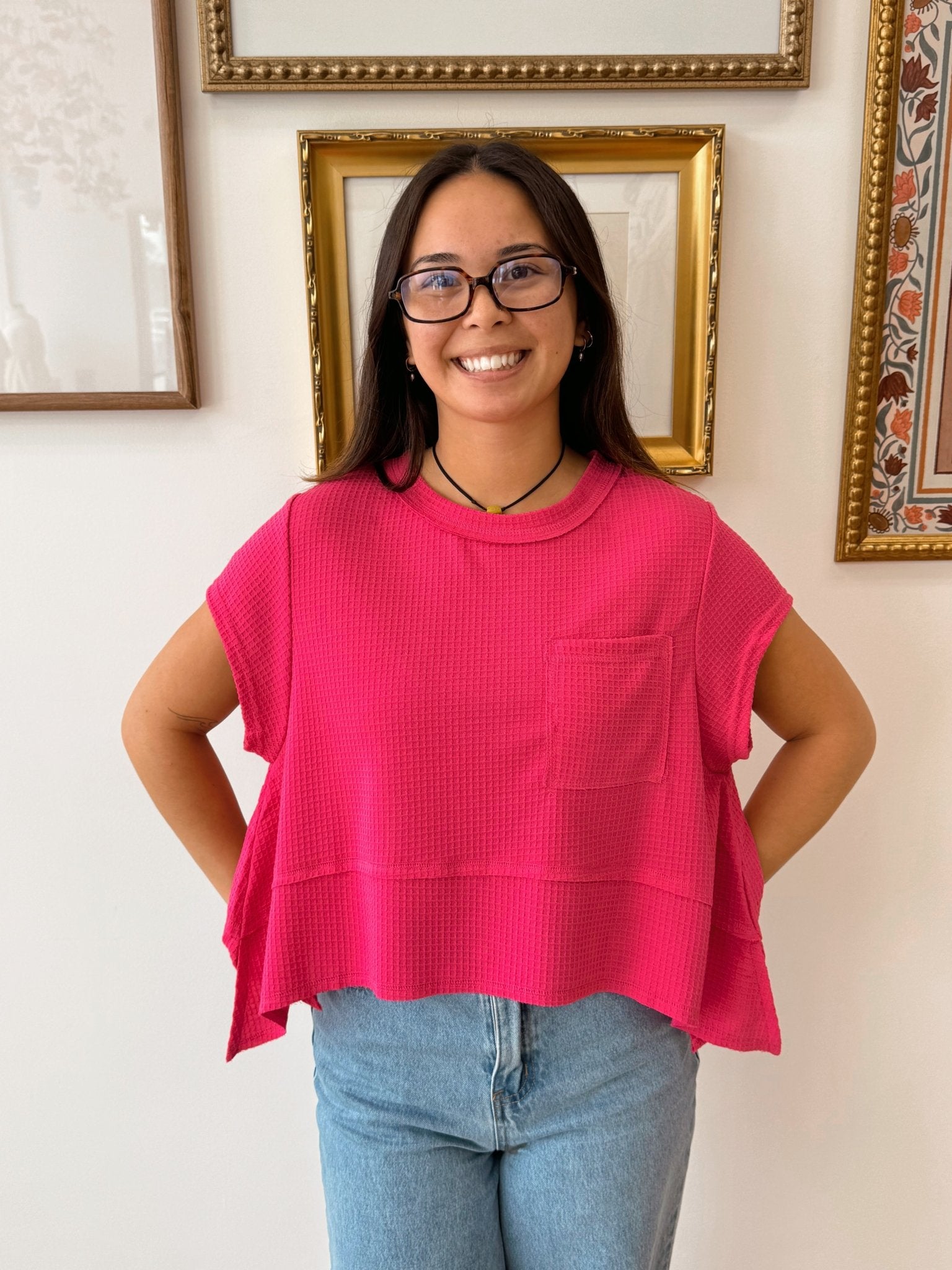 Flared Hem Waffle Knit Top Shirts & Tops