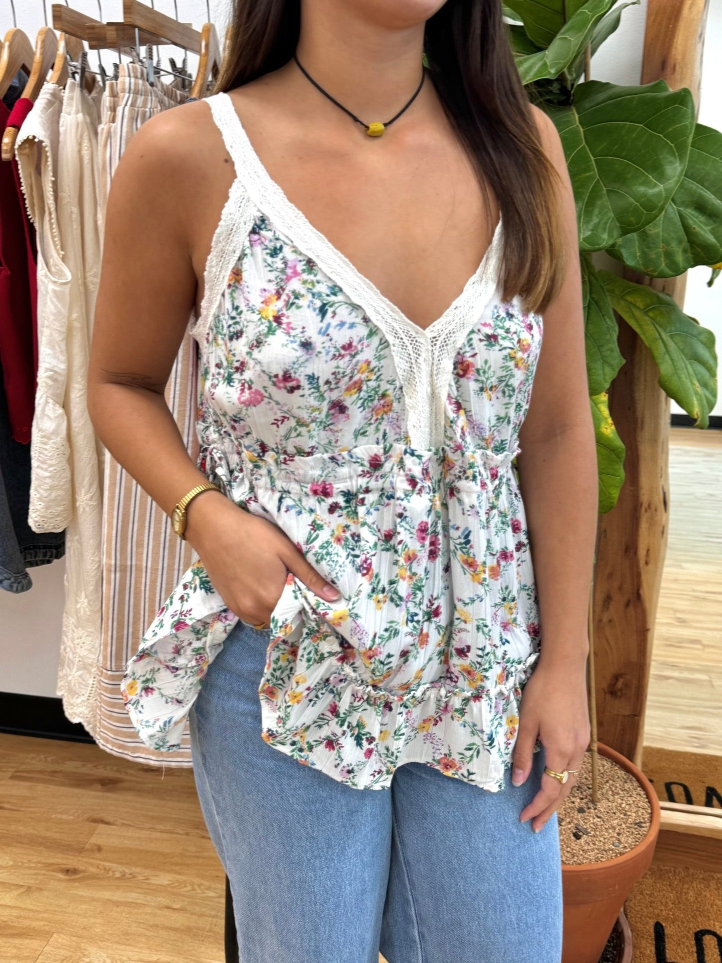Floral Lace Trim Tank Top Shirts & Tops