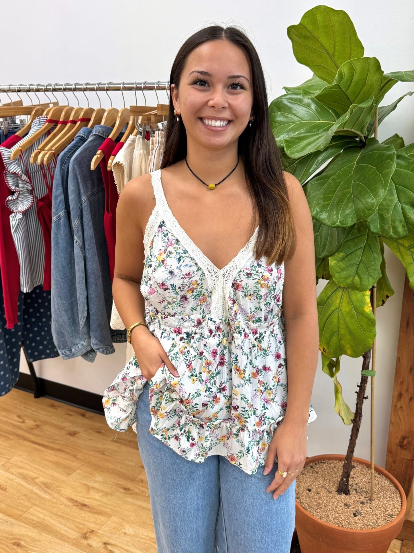 Floral Lace Trim Tank Top Shirts & Tops