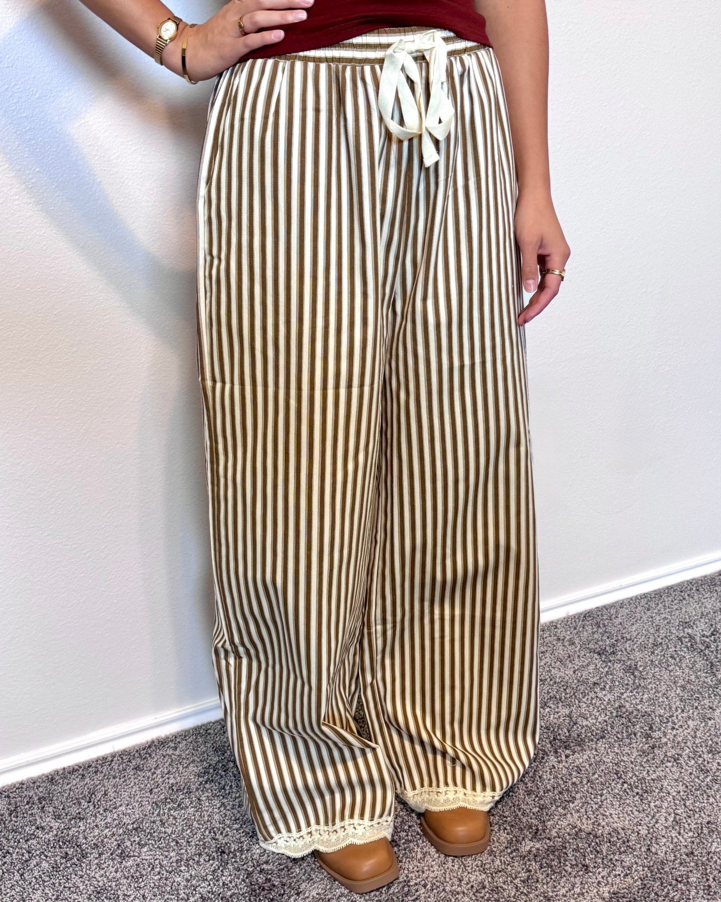 Lace Trim Striped Pants Pants