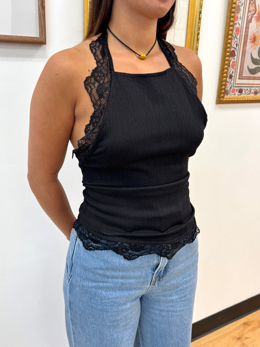 Lace Trimmed Halter Top Shirts & Tops