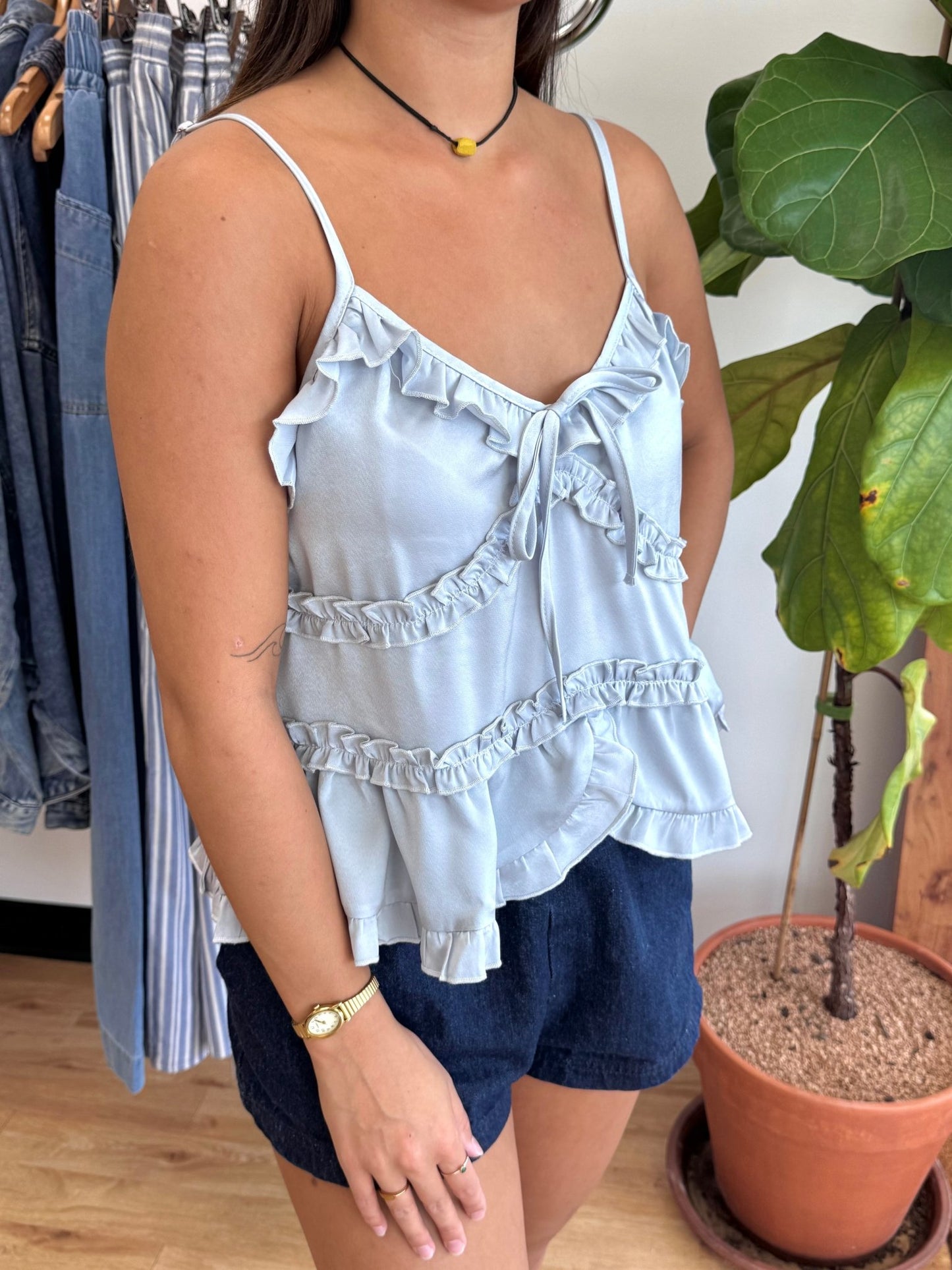 Light Blue Ruffle Tank Top Shirts & Tops