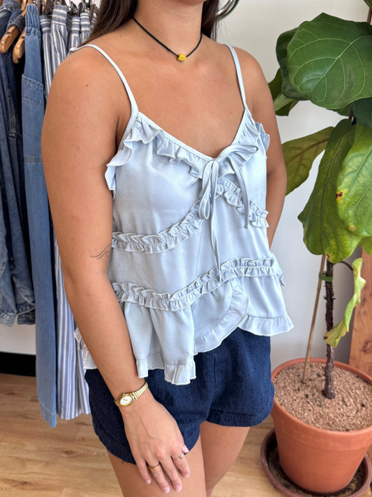 Light Blue Ruffle Tank Top Shirts & Tops
