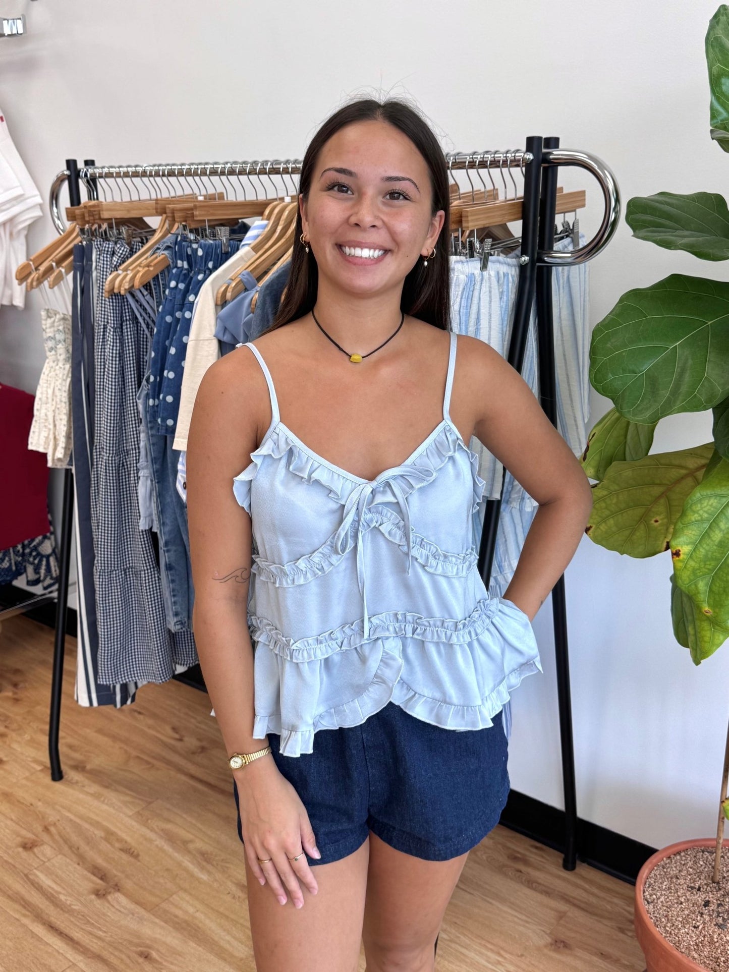 Light Blue Ruffle Tank Top Shirts & Tops
