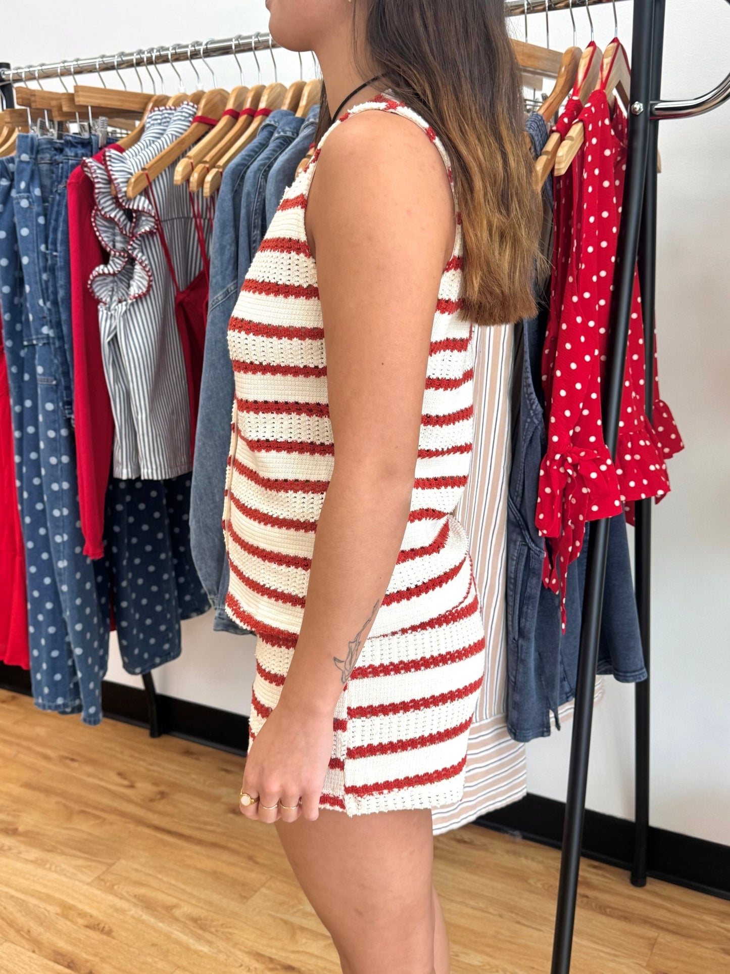 Red Striped Knit Tank Top Shirts & Tops