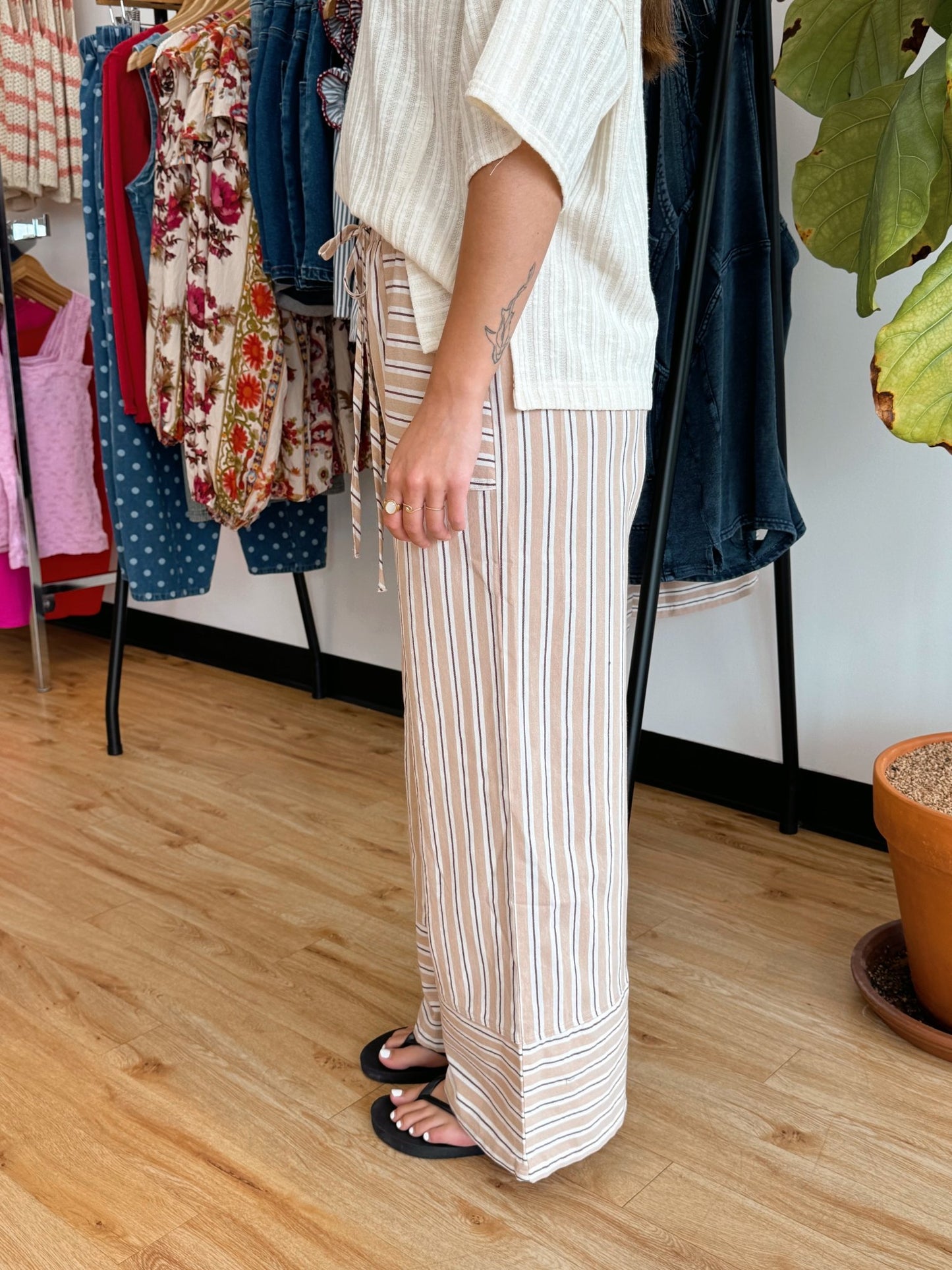 Taupe Striped Wide Leg Pants Bottoms