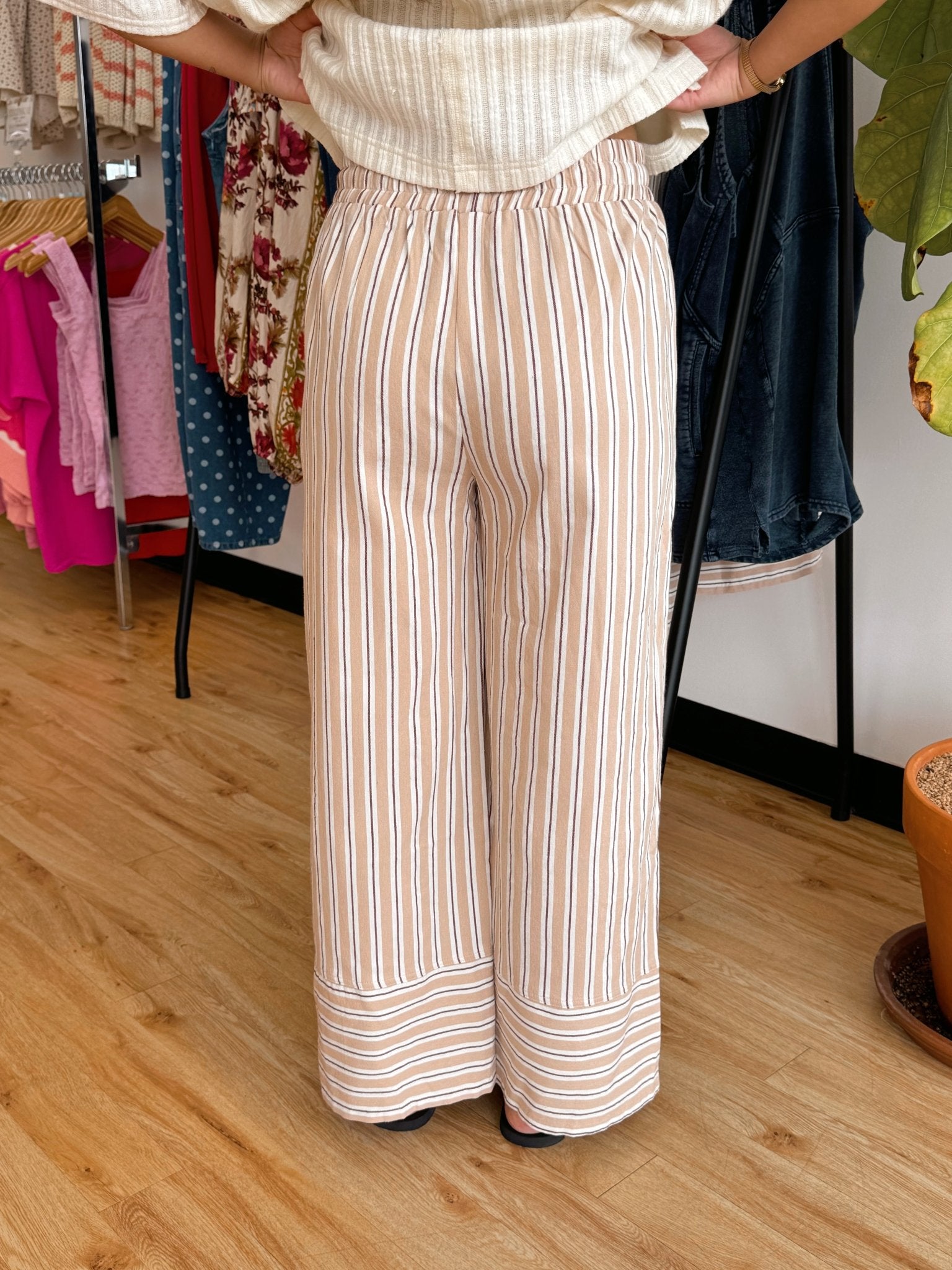 Taupe Striped Wide Leg Pants Bottoms
