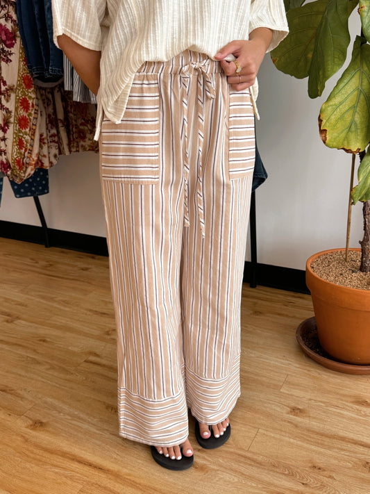 Taupe Striped Wide Leg Pants Bottoms